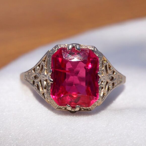 Lab Created Ruby Filigree Ring in White Gold - Picture 12 of 12